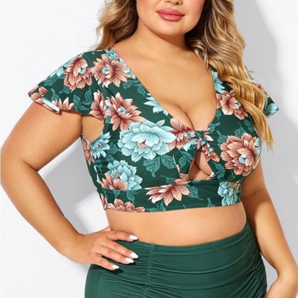 Floral Tie-Front Two-Piece Swim Set in Dark Green with Peach & Teal Blooms